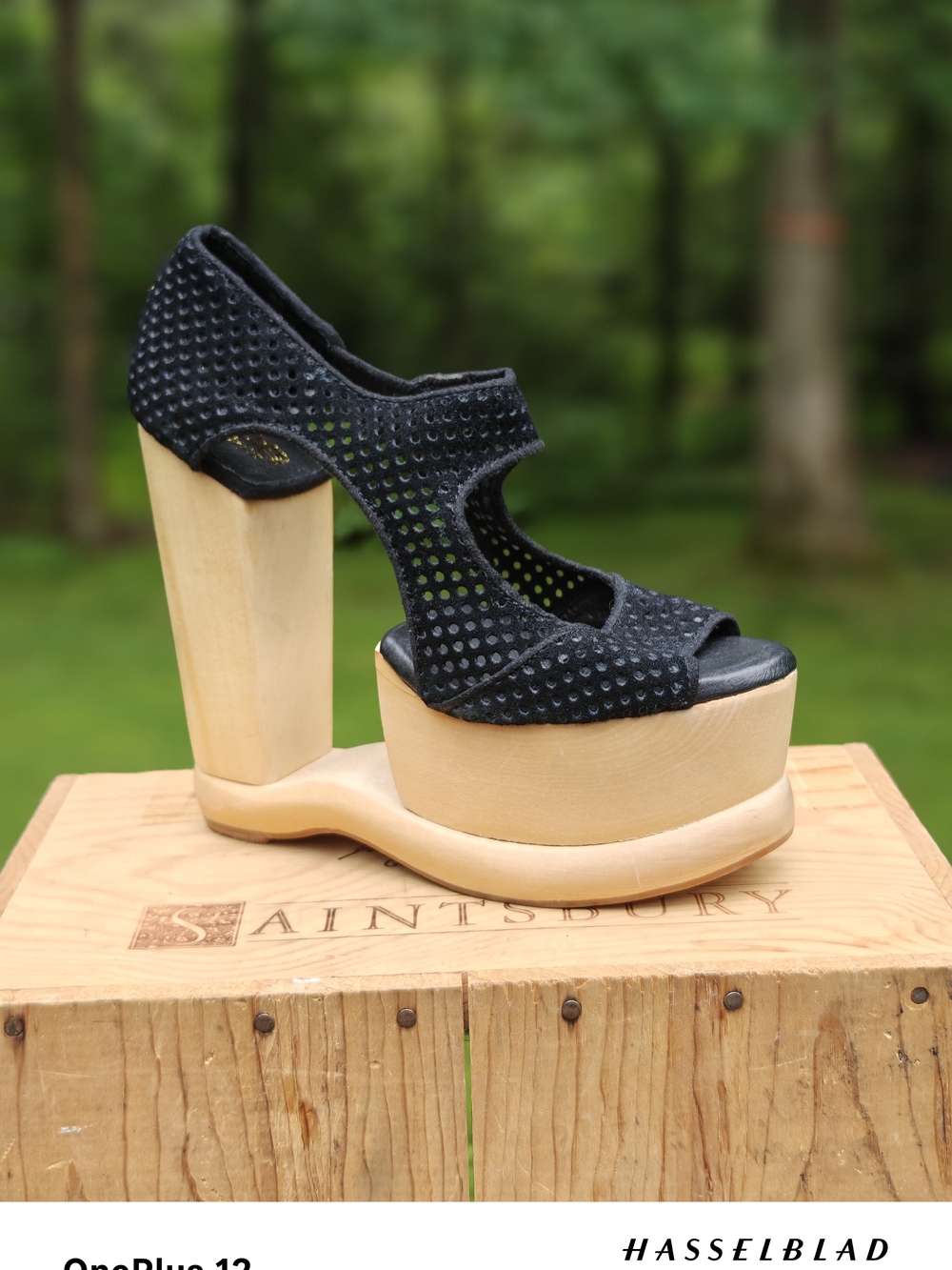 Jeffrey Campbell Black Perforated Suede Platform Sandals with Natural Wood Heel